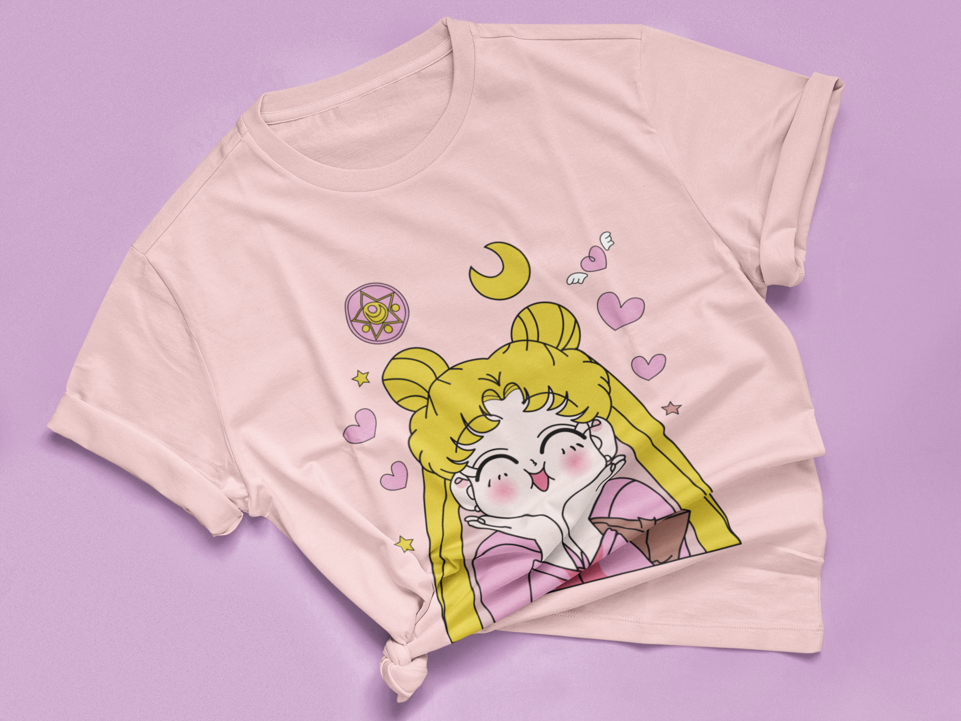 Sailor Moon Cute Expression Tee in pink knotted in cute style.