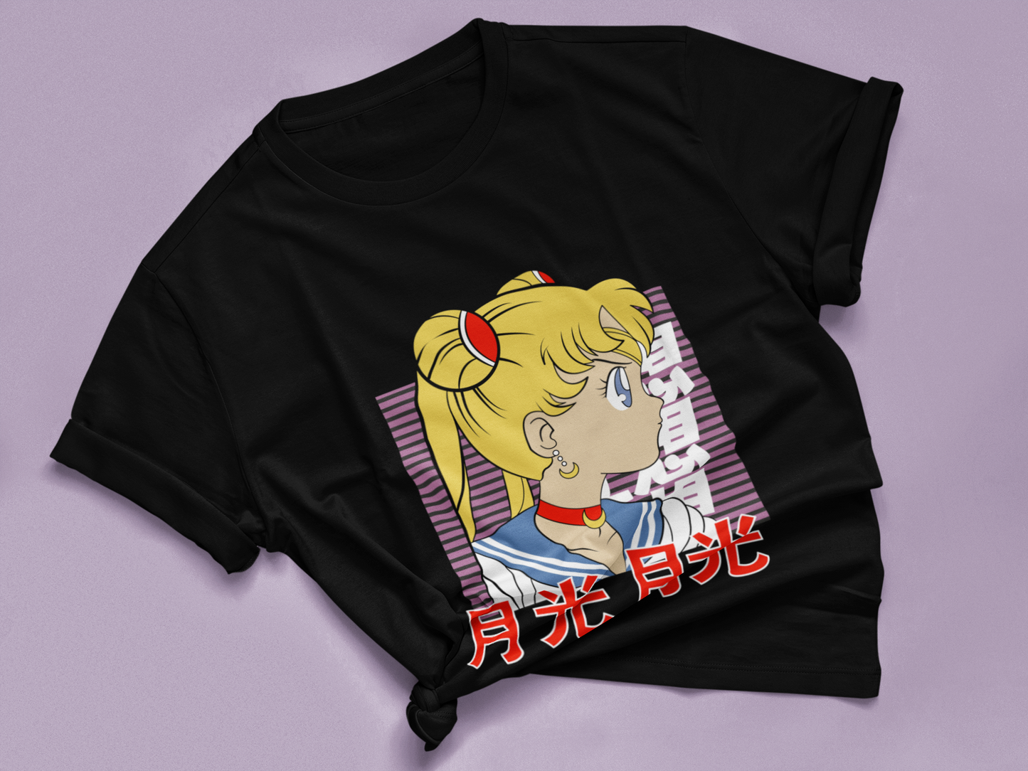 Sailor Moon Retro Profile Tee in black knotted in cute style.