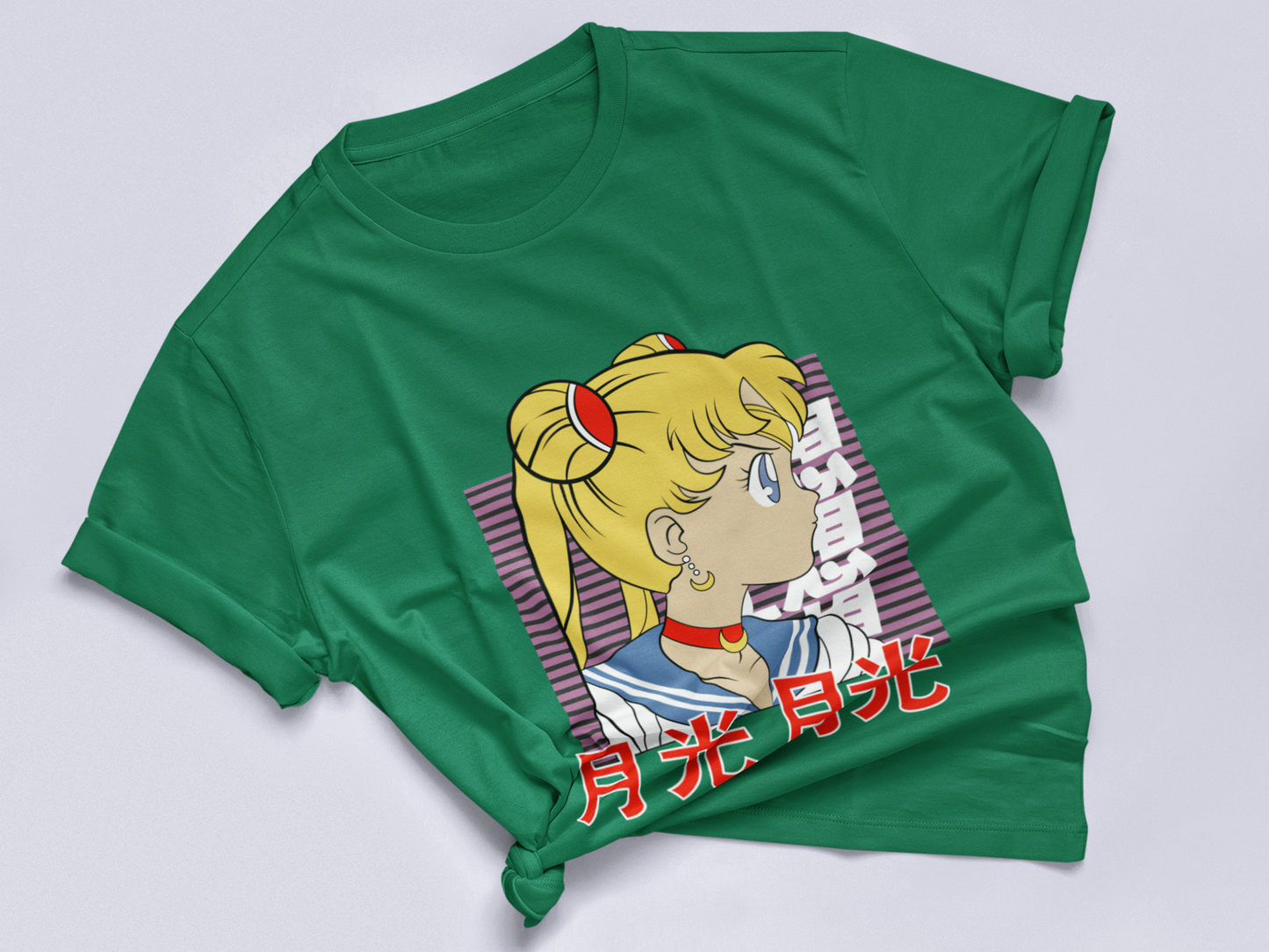 Sailor Moon Retro Profile Tee in kelly knotted in cute style.