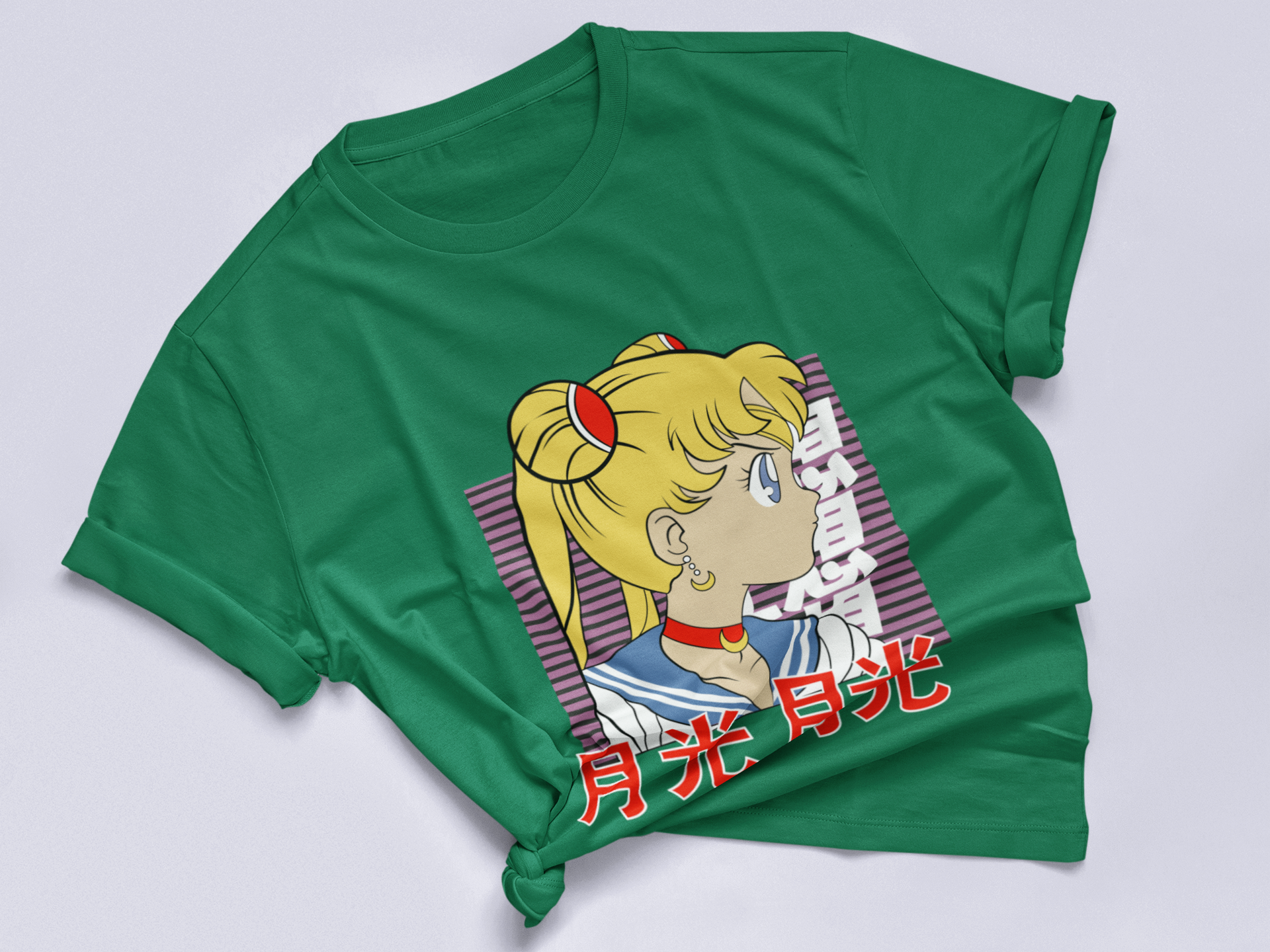 Sailor Moon Retro Profile Tee in kelly knotted in cute style.