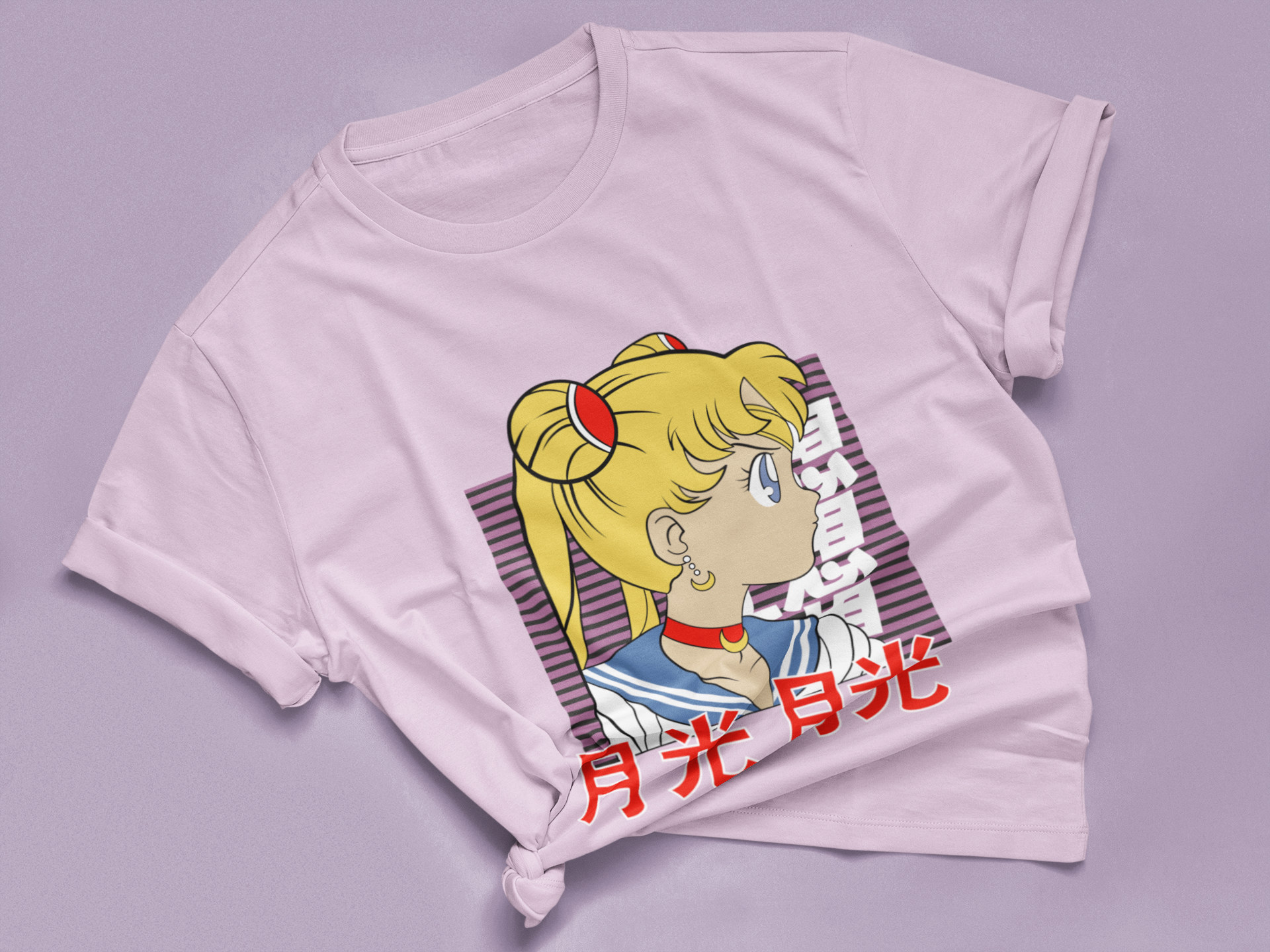 Sailor Moon Retro Profile Tee in lilac knotted in cute style.