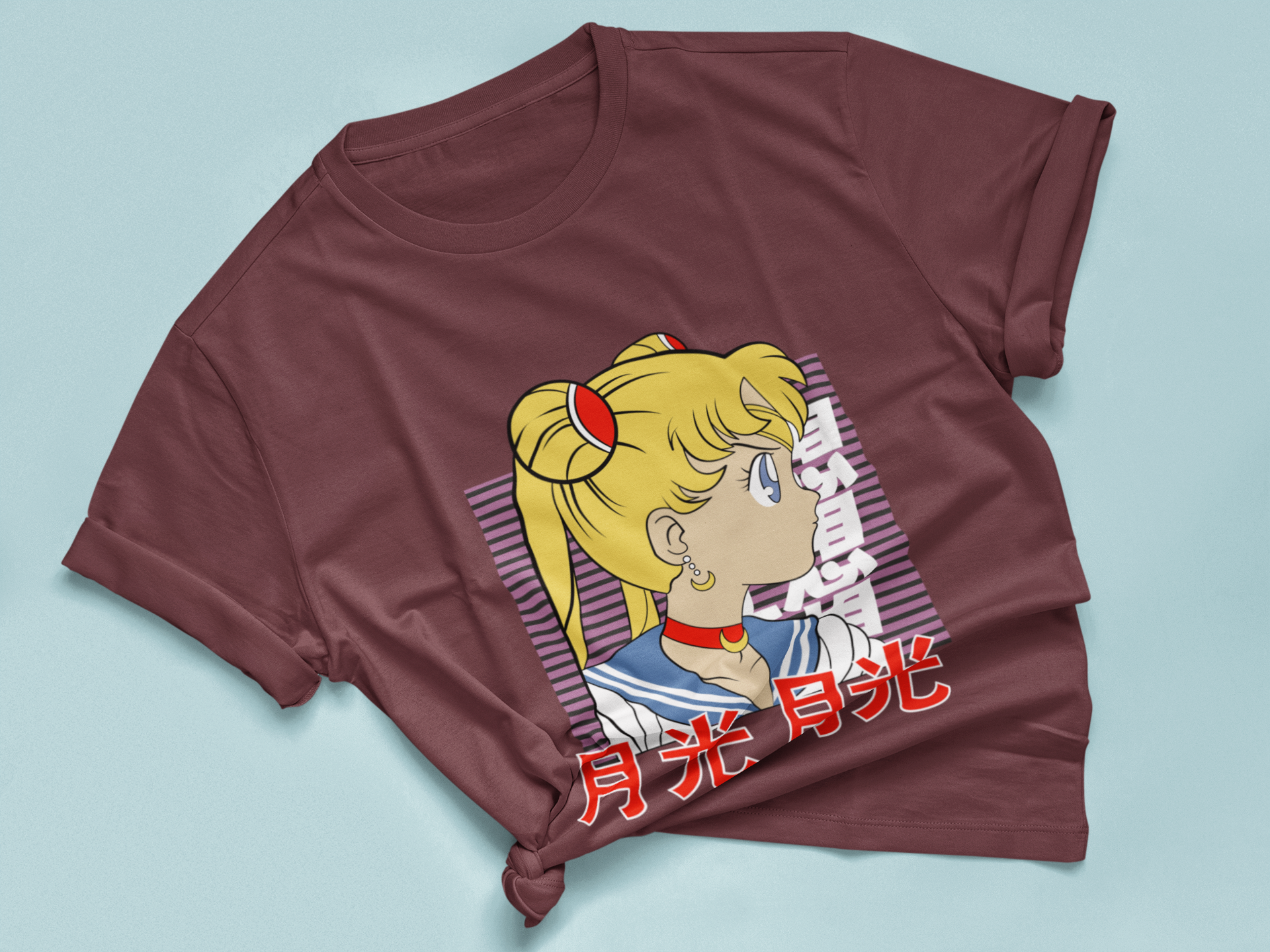 Sailor Moon Retro Profile Tee in maroon knotted in cute style.