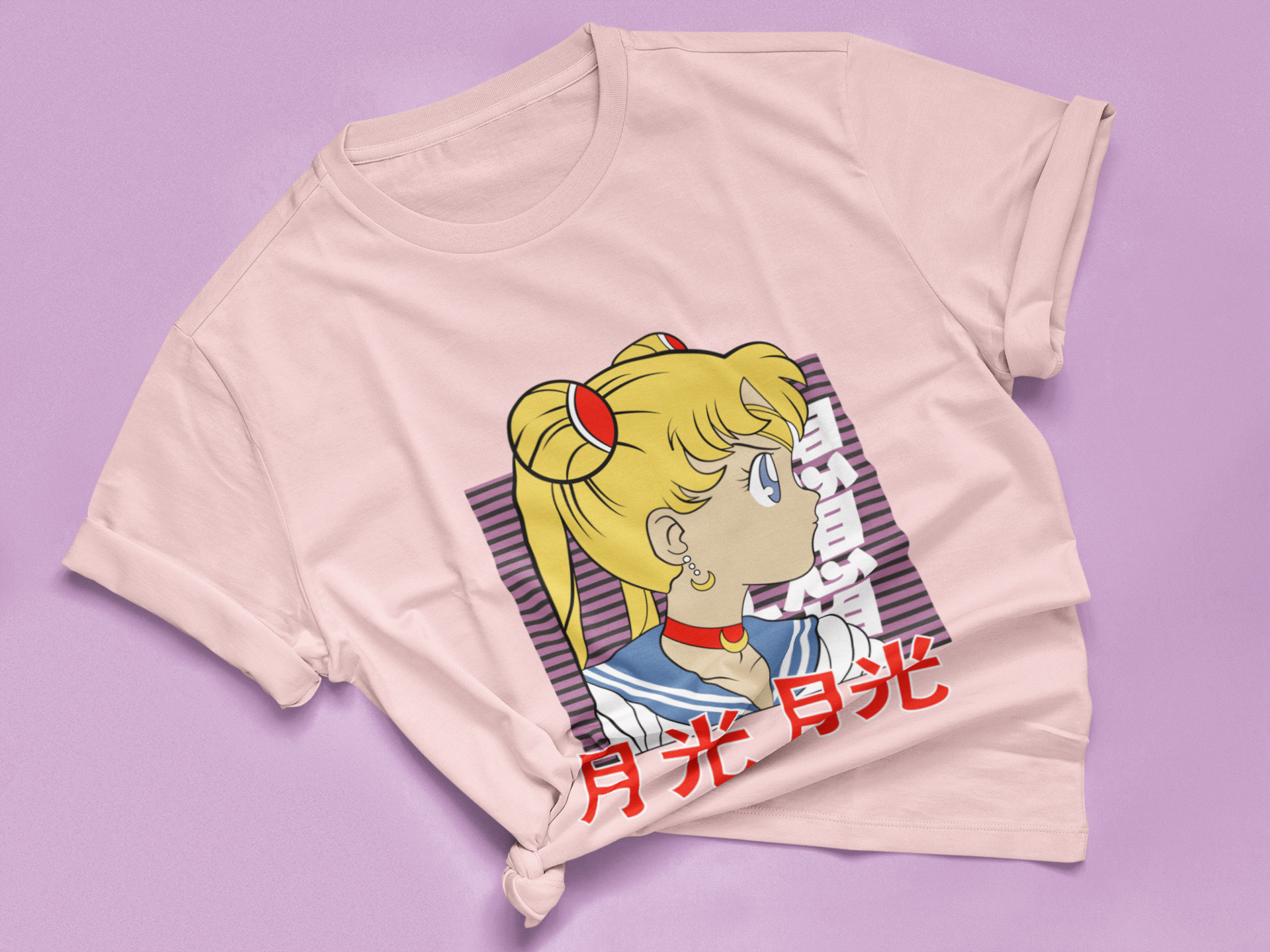 Sailor Moon Retro Profile Tee in pink knotted in cute style.