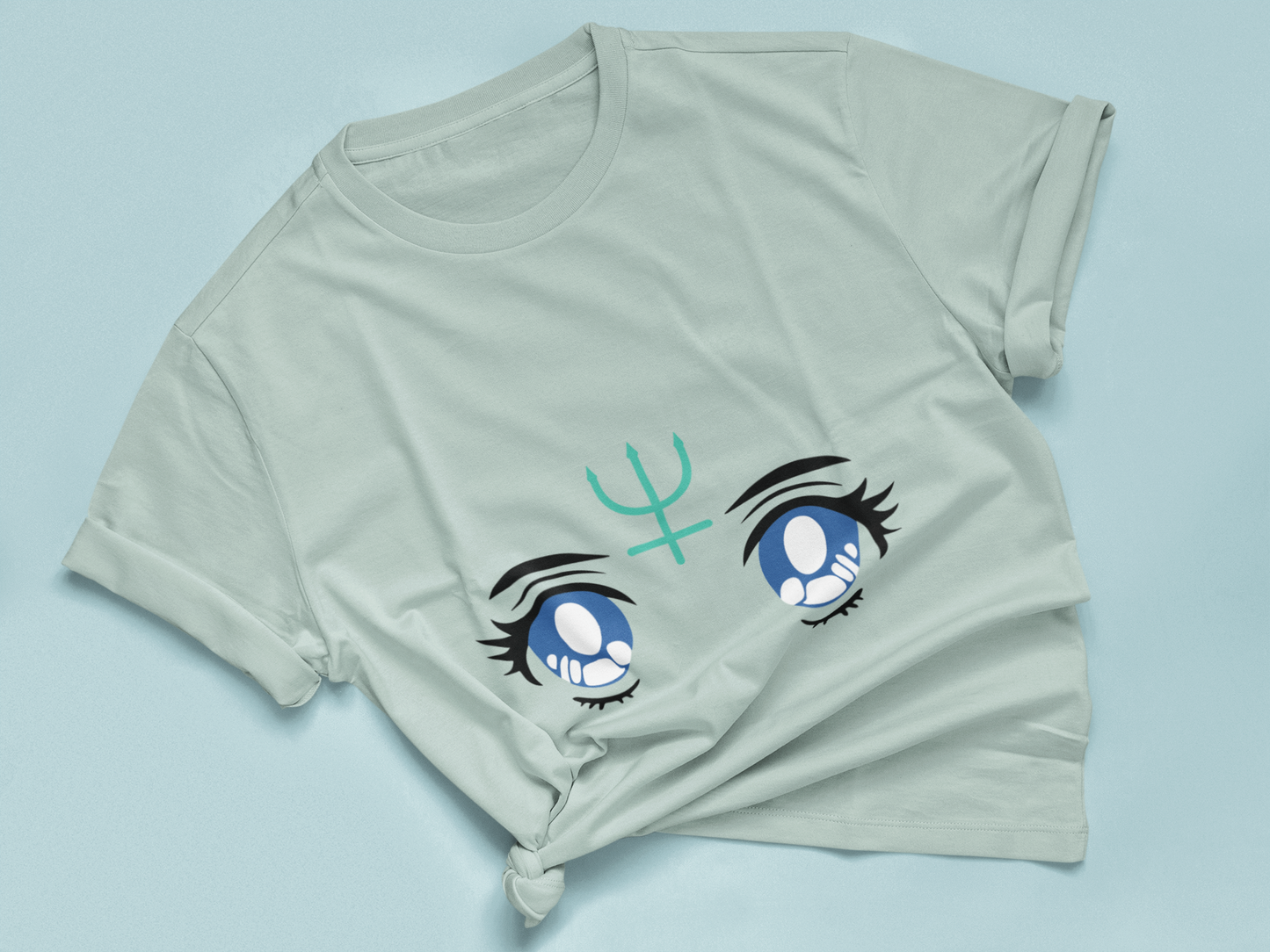 Sailor Neptune Transformation Eyes Tee in dusty blue knotted in cute style.
