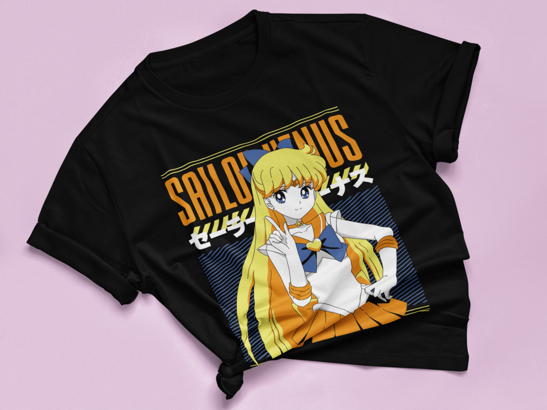 Sailor Venus Crystal Power Tee in black knotted in cute style.