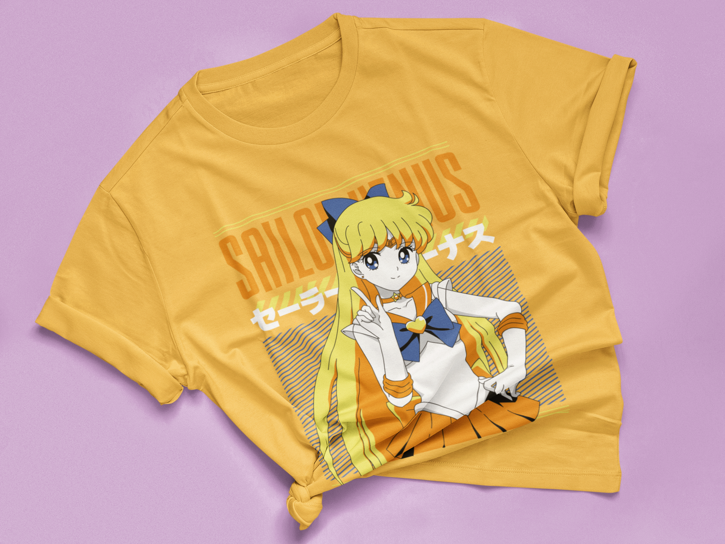 Sailor Venus Crystal Power Tee in gold knotted in cute style.