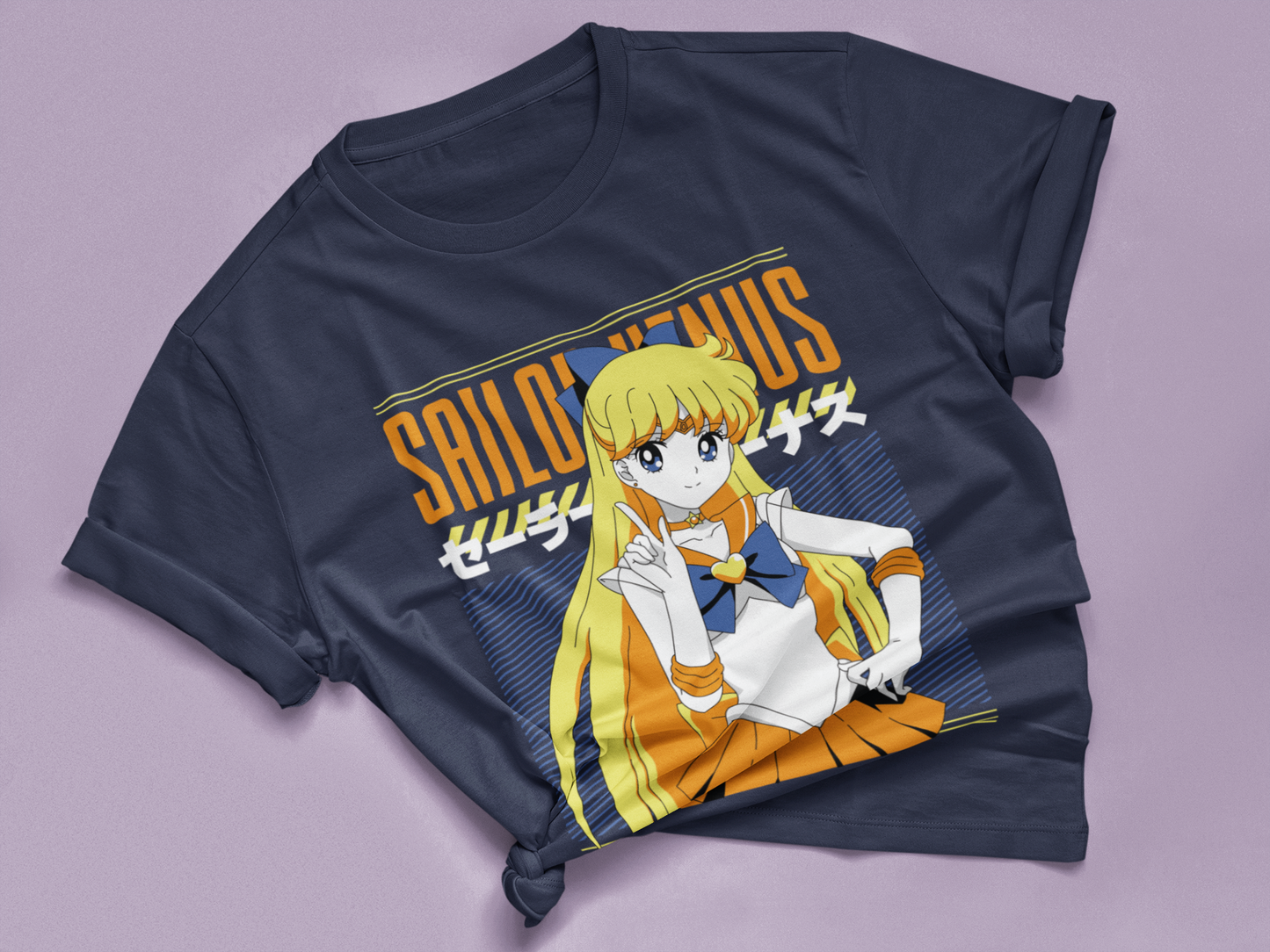 Sailor Venus Crystal Power Tee in navy knotted in cute style.