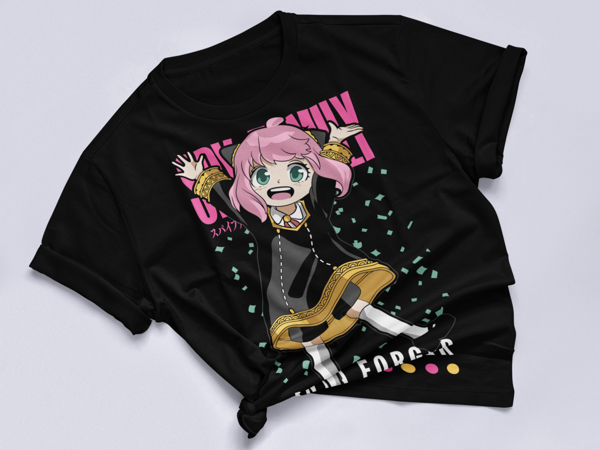 Spy X Family Anya Forger Tee in black knotted in cute style.