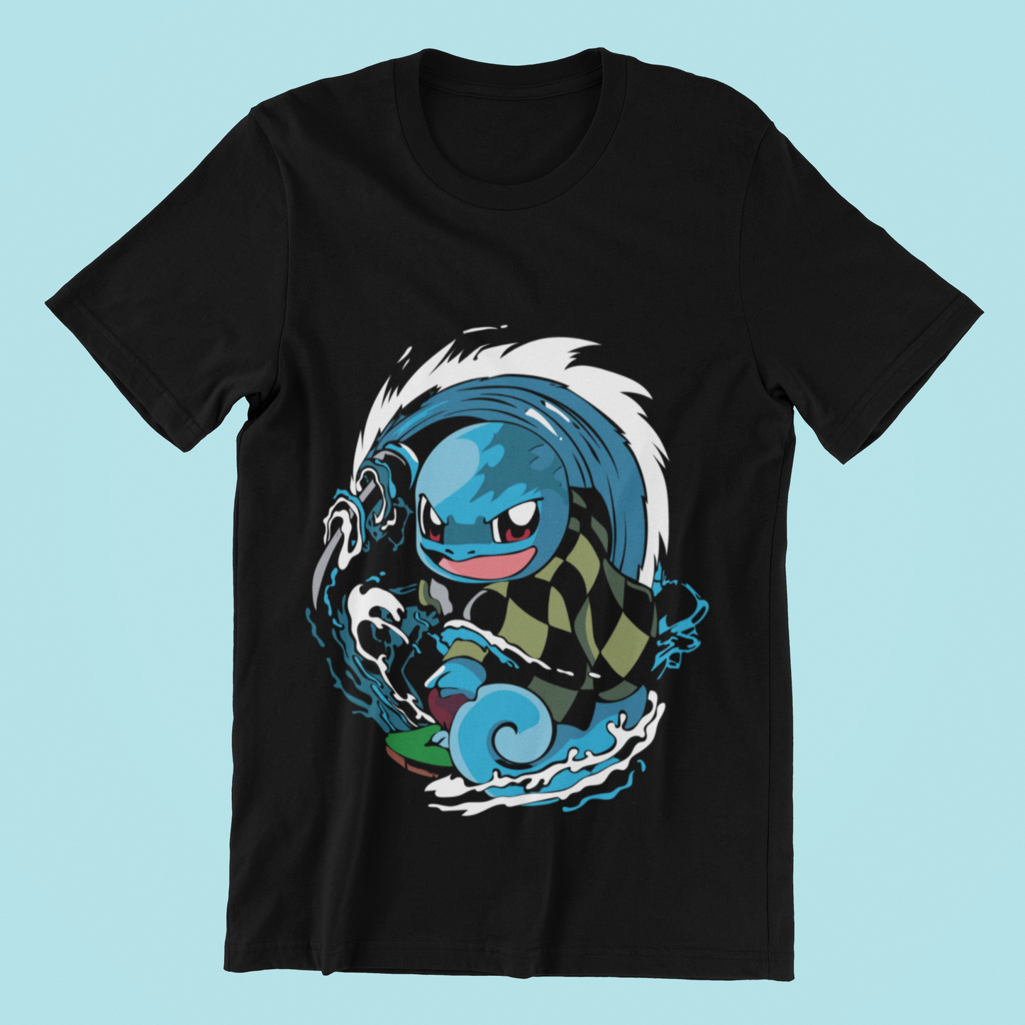 Squirtle Tanjiro Fusion Tee in black against minimalist surface.