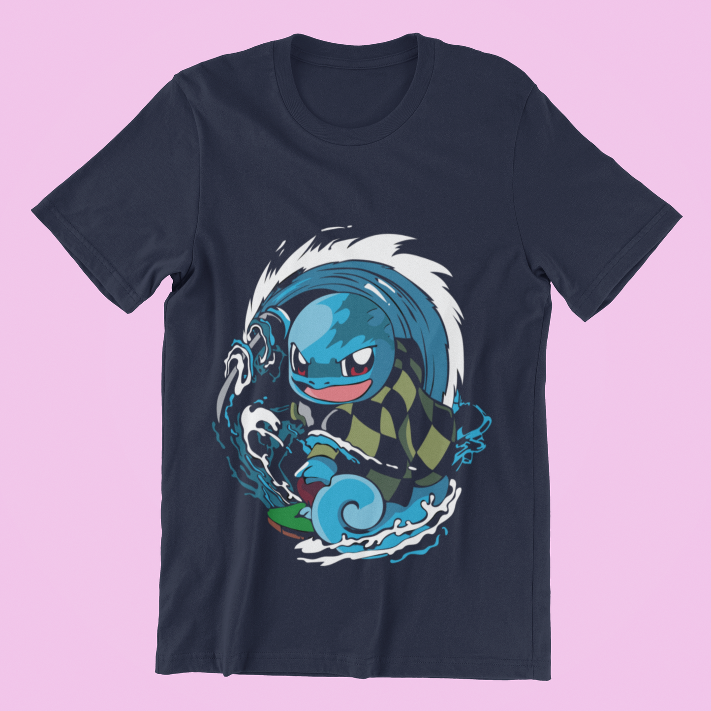 Squirtle Tanjiro Fusion Tee in navy against minimalist surface.