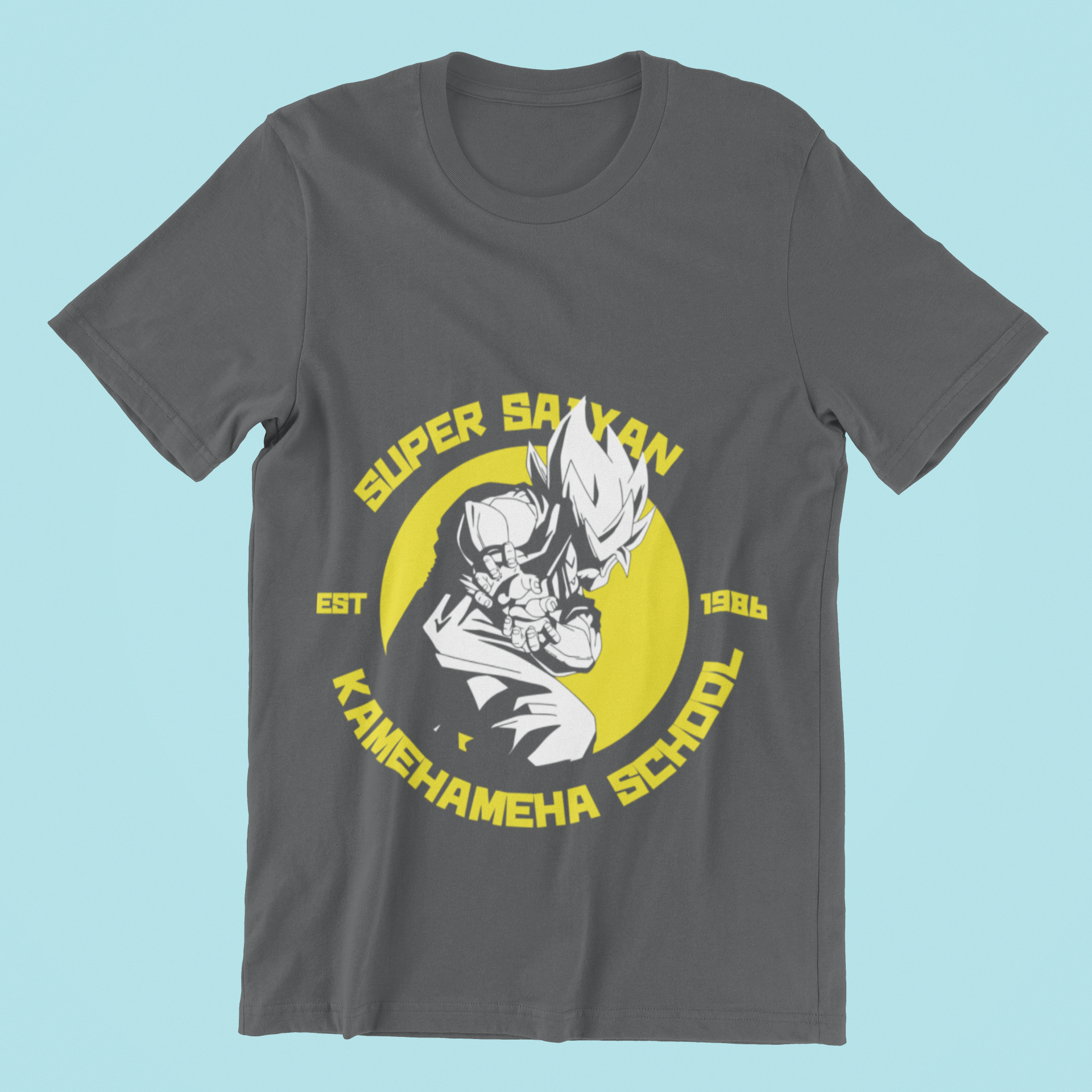 Super Saiyan Kamehameha School Tee in asphalt against minimalist surface.