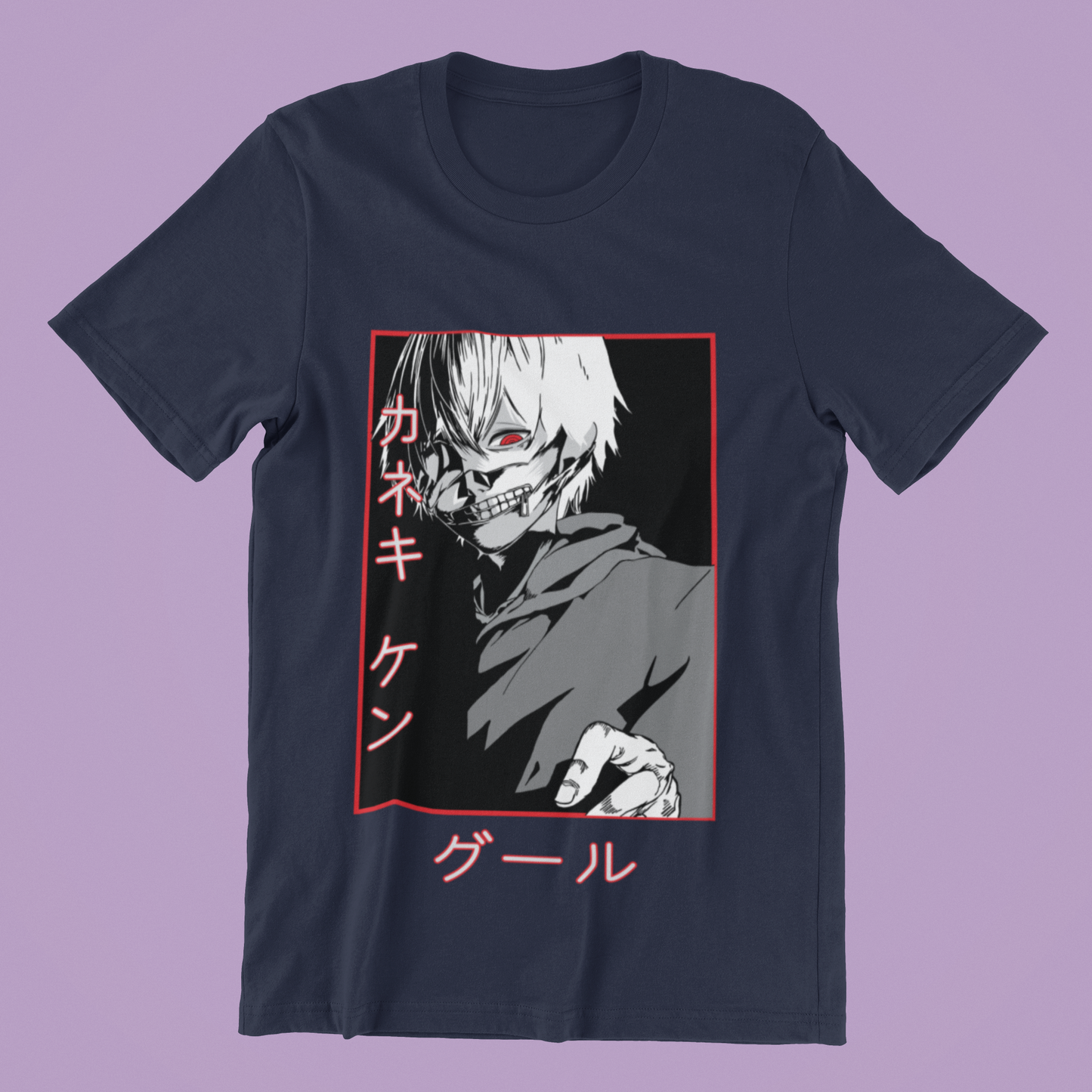 Tokyo Ghoul Kaneki Ken Mask Tee in navy against minimalist surface.