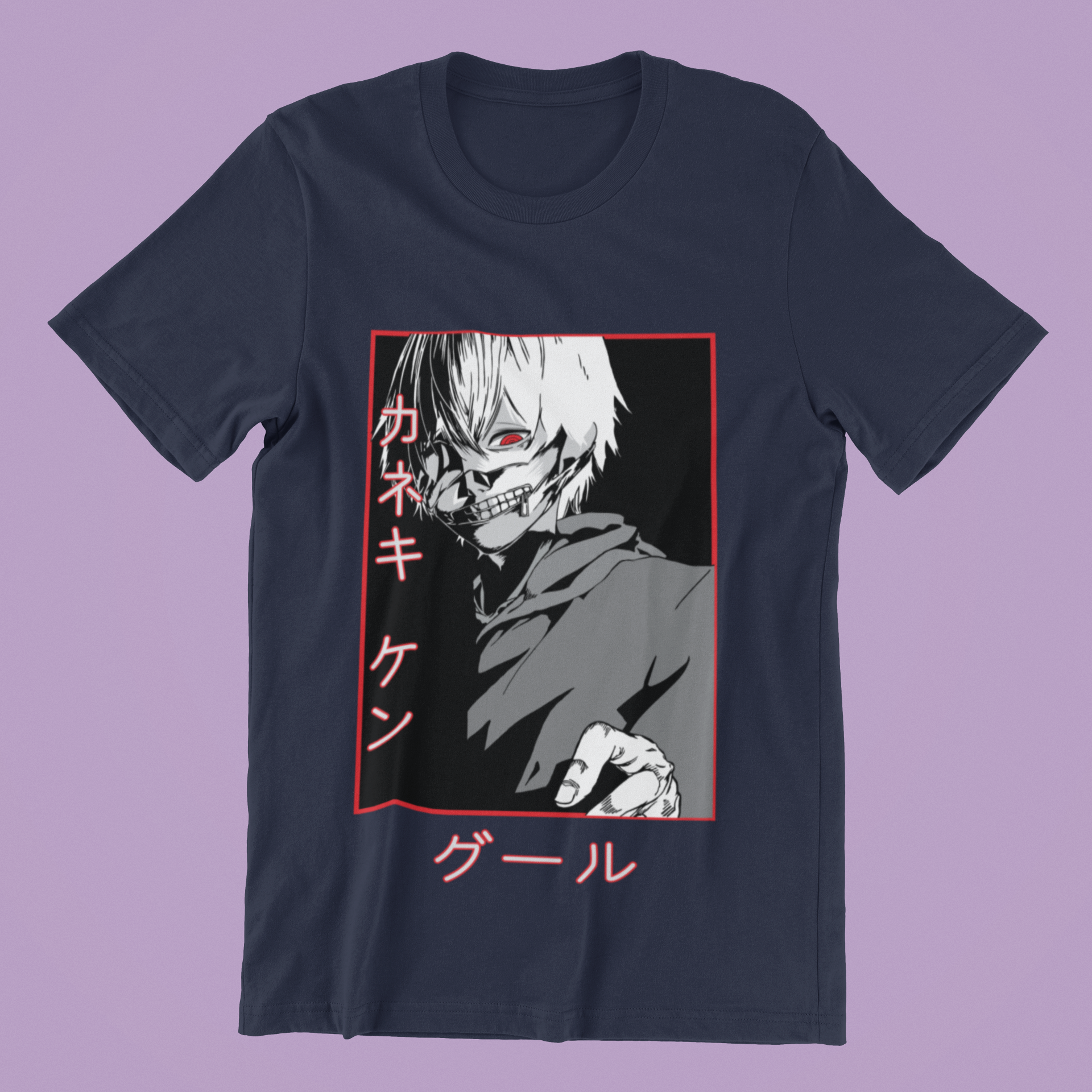Tokyo Ghoul Kaneki Ken Mask Tee in navy against minimalist surface.