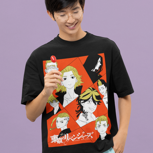 Happy man wearing a Tokyo Revengers Collage Tee in black with a lollipop in a kawaii style.