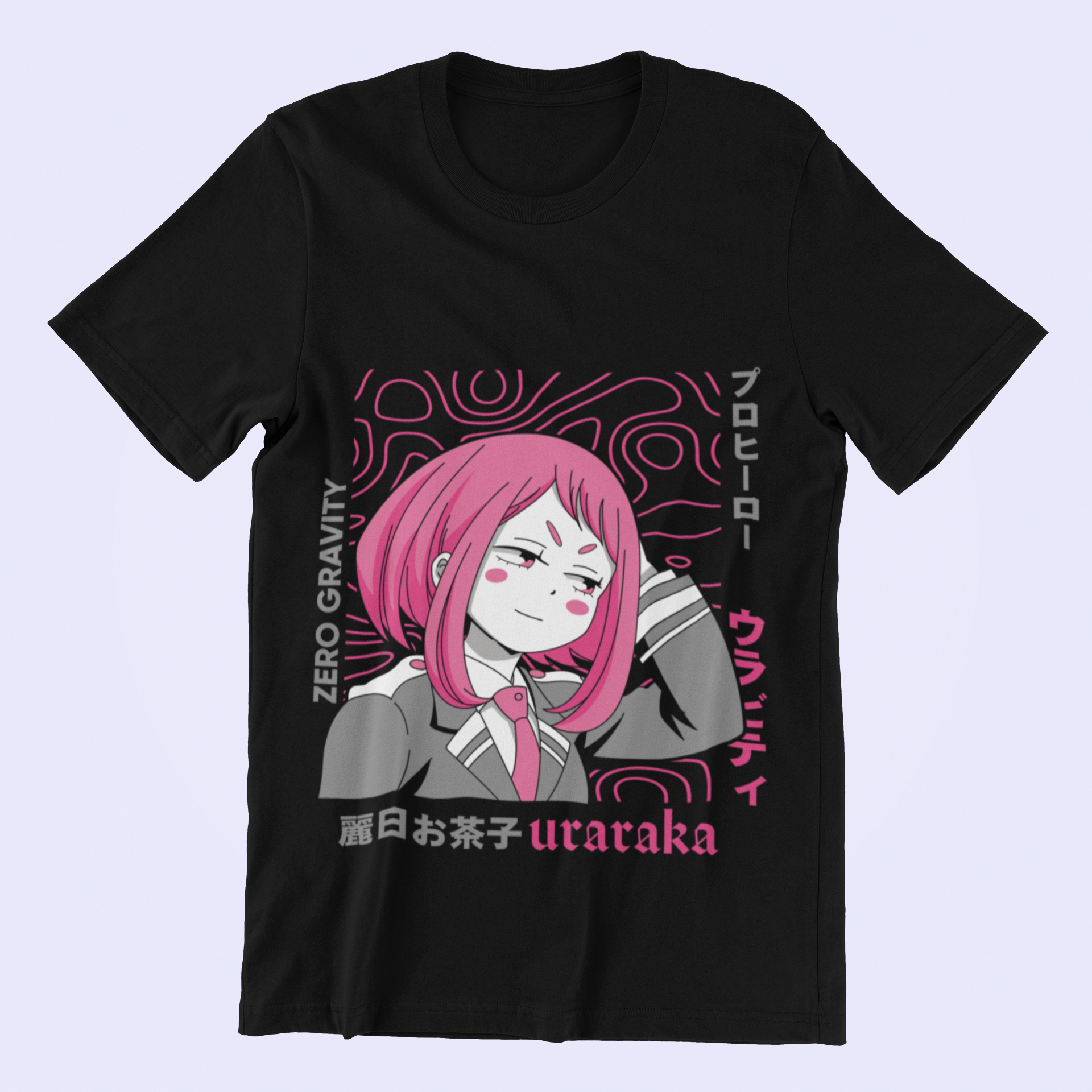 Uraraka Zero Gravity Tee in black against minimalist surface.