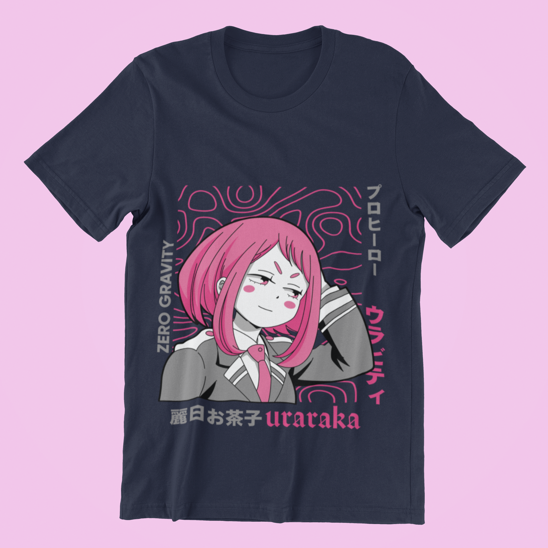 Uraraka Zero Gravity Tee in navy against minimalist surface.