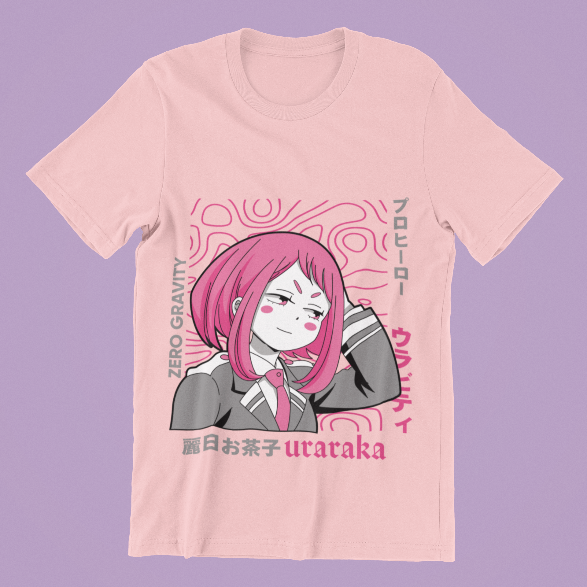 Uraraka Zero Gravity Tee in pink against minimalist surface.