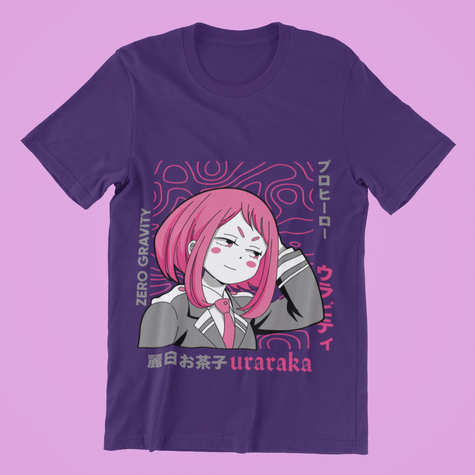 Uraraka Zero Gravity Tee in team purple against minimalist surface.