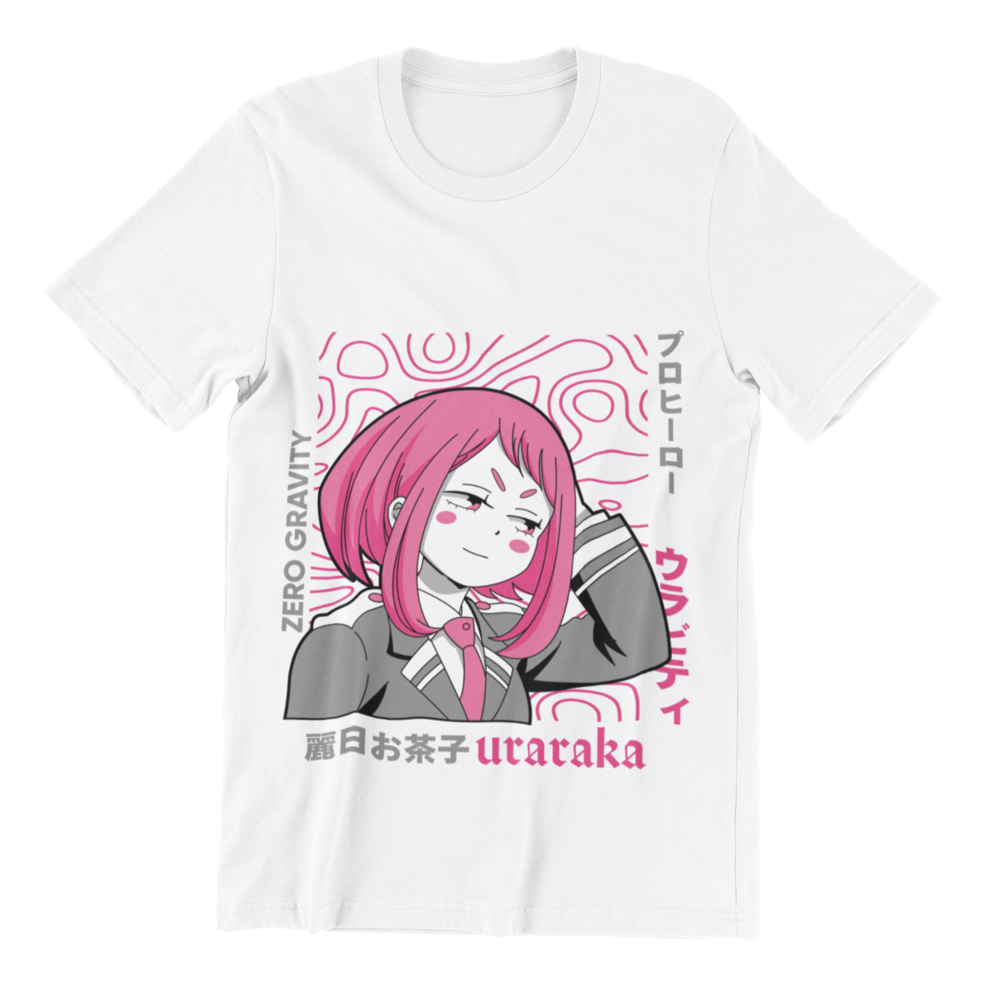Uraraka Zero Gravity Tee in white against minimalist surface.